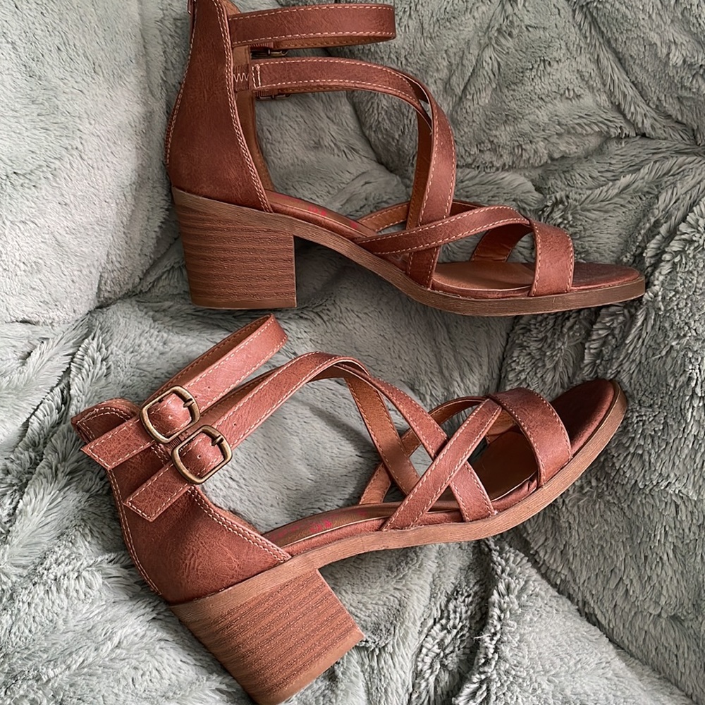 Jellypop Tan Double Buckle Sandals with Block Heel